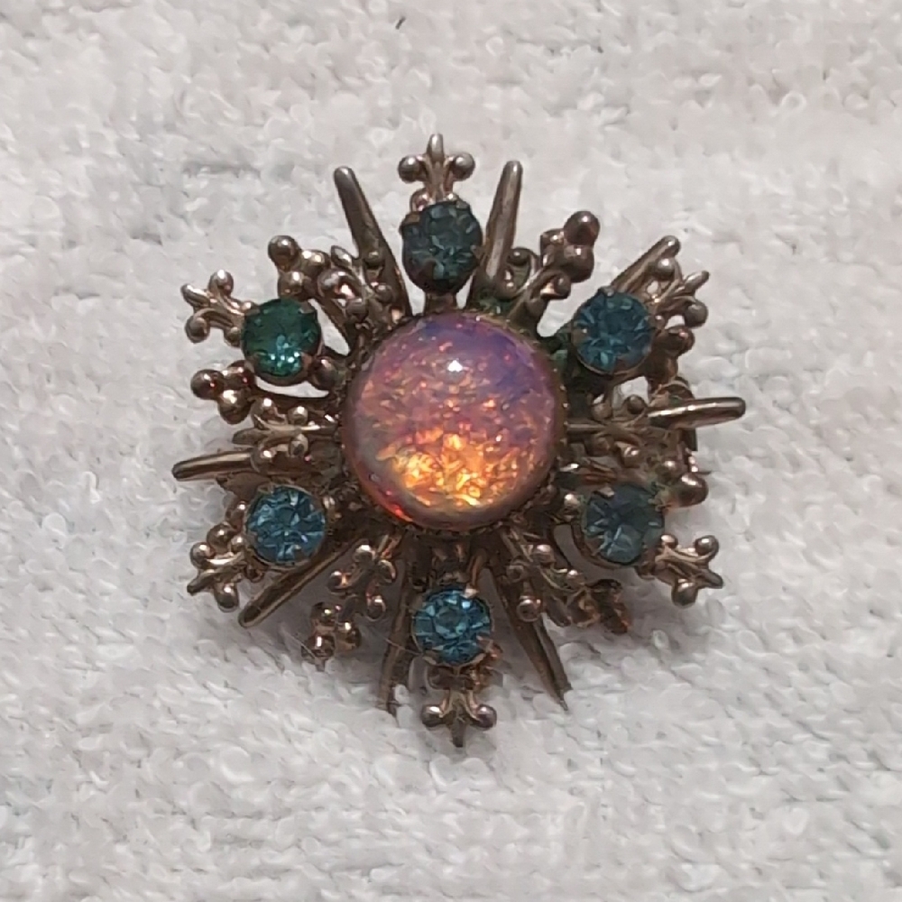 Vintage 1950-60's Brooch with Faux Opal Foil Glass and Rhinestones